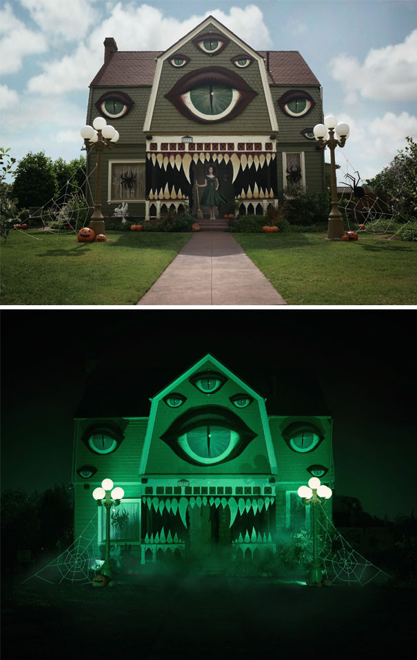 "Độc" những màn trang trí Halloween dọa hàng xóm "run bắn" vì sợ Vào ban ngày, ngôi nhà trông có vẻ không đáng sợ mấy thế nhưng khi bóng đêm buông xuống, vẻ ma mị của ngôi nhà này mới được thể hiện hoàn toàn. Đây thực sự là một trong những màn trang trí Halloween ấn tượng nhất.