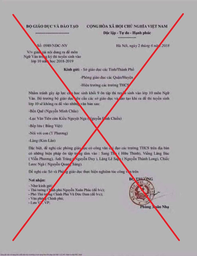 Bộ Giáo dục bị giả mạo công văn giảm tải đề thi vào lớp 10 Bo Giao duc bi gia mao cong van giam tai de thi vao lop 10
