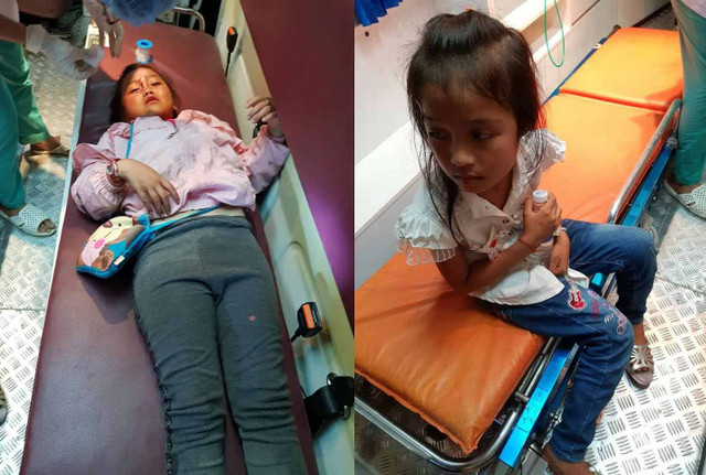 Các em nhỏ bị mảnh kính găm vào người, đang được điều trị tại BV Trung ương Huế. Ảnh: Quang Thành