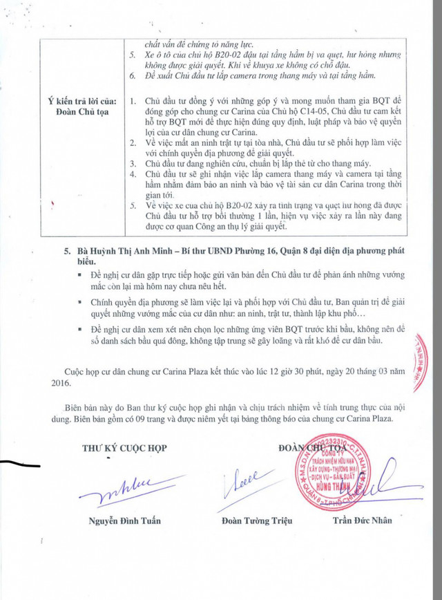 Cuối biên bản hội nghị đều có chữ ký của hai đại điện chủ đầu tư là ông Trần Đức Nhân và Đoàn Tường Triệu.