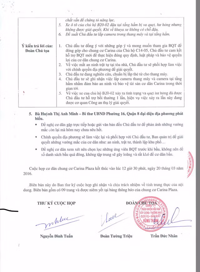 Cuối biên bản hội nghị đều có chữ ký của hai đại điện chủ đầu tư là ông Trần Đức Nhân và Đoàn Tường Triệu.