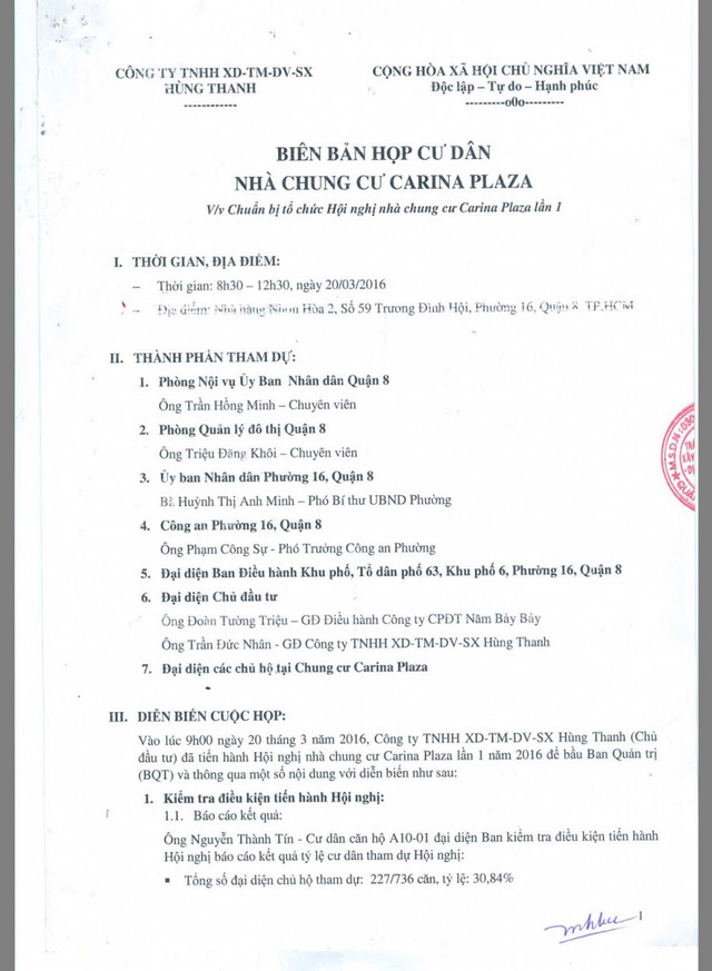 Biên bản họp cư Carina lần 1 vào ngày 20/3/2016 ghi rõ ông Đoàn Tường Triệu tham dự với vai trò chủ đầu tư.