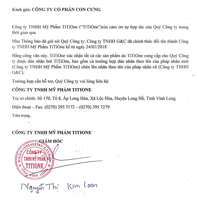 Bằng chứng Con Cưng đưa ra về việc Công ty TNHH Mỹ Phẩm TiTiOne thông báo thay đổi thông tin sản phẩm. Ảnh: Con Cưng cung cấp. Bằng chứng Con Cưng đưa ra về việc Công ty TNHH Mỹ Phẩm TiTiOne thông báo thay đổi thông tin sản phẩm. Ảnh: Con Cưng cung cấp.