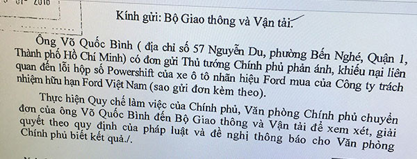 Văn phòng Chính phủ đã có văn bản yêu cầu Bộ GTVT xem xét, giải quyết khiếu nại liên quan đến lỗi hộp số xe Ford. Văn phòng Chính phủ đã có văn bản yêu cầu Bộ GTVT xem xét, giải quyết khiếu nại liên quan đến lỗi hộp số xe Ford.