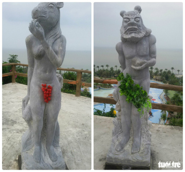 Trước dư luận ngày càng "dậy sóng", Công ty CP du lịch quốc tế Hòn Dáu đã quyết định lấy lá cây, chùm nho bằng nhựa để thay thế - Ảnh: TIẾN THẮNG