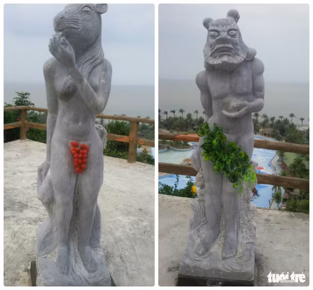Trước dư luận ngày càng "dậy sóng", Công ty CP du lịch quốc tế Hòn Dáu đã quyết định lấy lá cây, chùm nho bằng nhựa để thay thế - Ảnh: TIẾN THẮNG