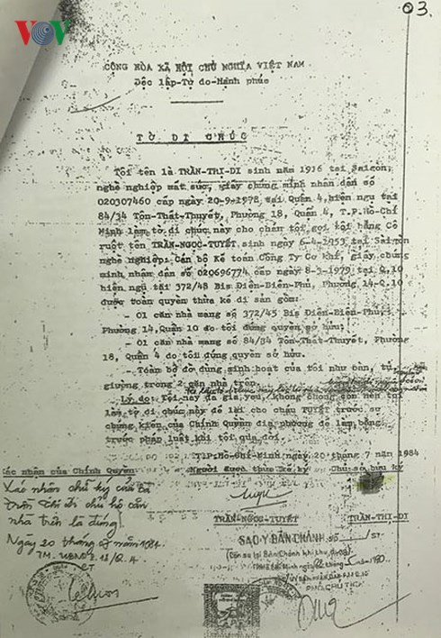 Bản di chúc được lập năm 1984, bà Trần Thị Ngọc Nga cho rằng không đúng với cơ sở pháp luật. Bản di chúc được lập năm 1984, bà Trần Thị Ngọc Nga cho rằng không đúng với cơ sở pháp luật.