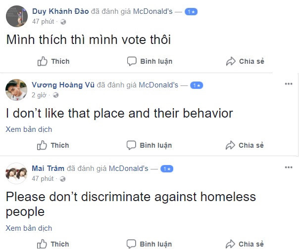 Đánh giá của người dùng Việt Nam tràn ngập fanpage McDonald's ở Myrtle Beach. Ảnh chụp màn hình. Đánh giá của người dùng Việt Nam tràn ngập fanpage McDonald's ở Myrtle Beach. Ảnh chụp màn hình.