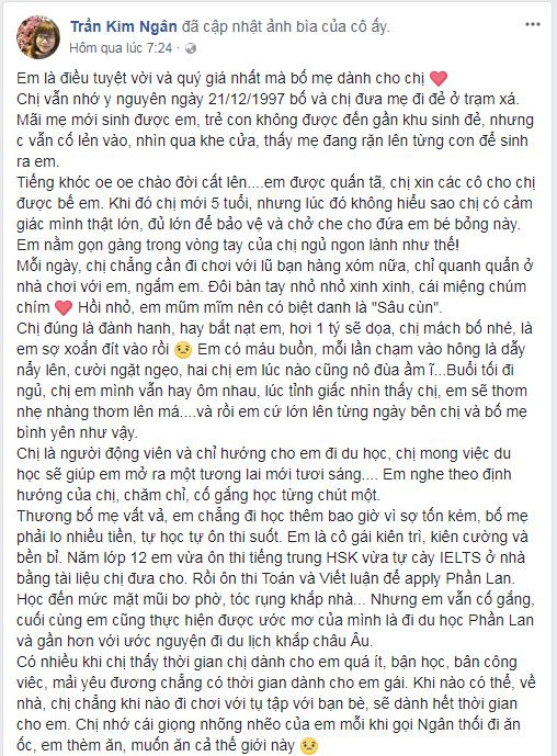Bài viết của chị Kim Ngân về em gái xấu số. Bài viết của chị Kim Ngân về em gái xấu số.