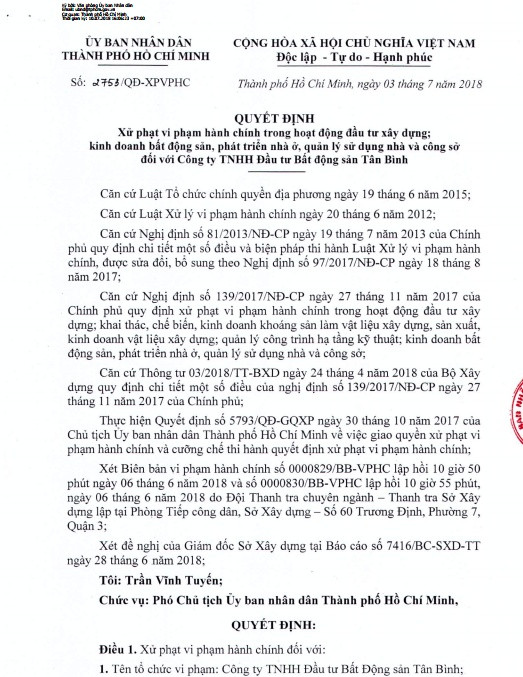Chi tiết dự án Tân Bình Apartment bị phạt “khủng” Chi tiet du an Tan Binh Apartment bi phat “khung”