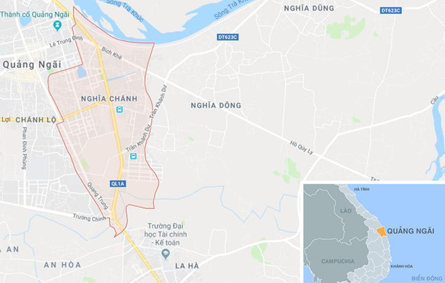 Phường Nghĩa Chánh (màu đỏ) ở Quảng Ngãi. Ảnh: Google Maps.