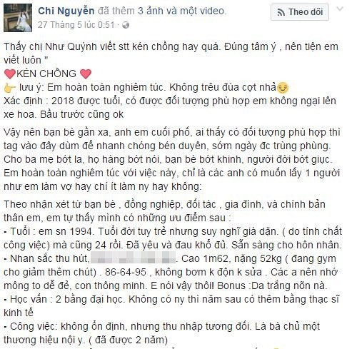 Bài đăng tuyển chồng của cô gái xinh đẹp. Bài đăng tuyển chồng của cô gái xinh đẹp.
