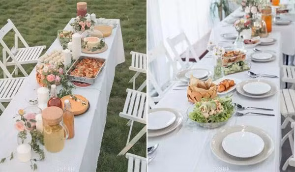 Bàn ăn trong bếp và ngoài trời là loại bàn dài sắp xếp theo phong cách Châu Âu, có thể dành cho cả gia đình cùng nhau ngồi ăn những món ăn do chính tay cô gái trẻ nấu nướng.