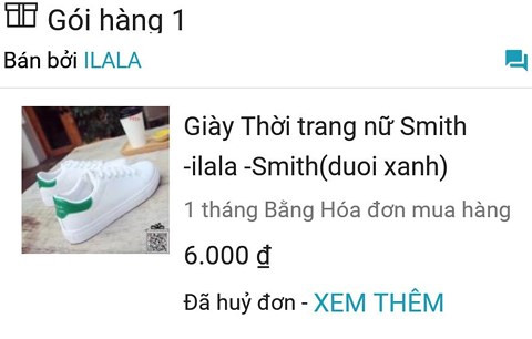 Đơn hàng giày thời trang Smith có giá 6.000 đồng. Ảnh nhân vật cung cấp. Đơn hàng giày thời trang Smith có giá 6.000 đồng. Ảnh nhân vật cung cấp.