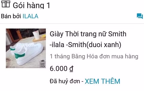 Đơn hàng giày thời trang Smith có giá 6.000 đồng. Ảnh nhân vật cung cấp.