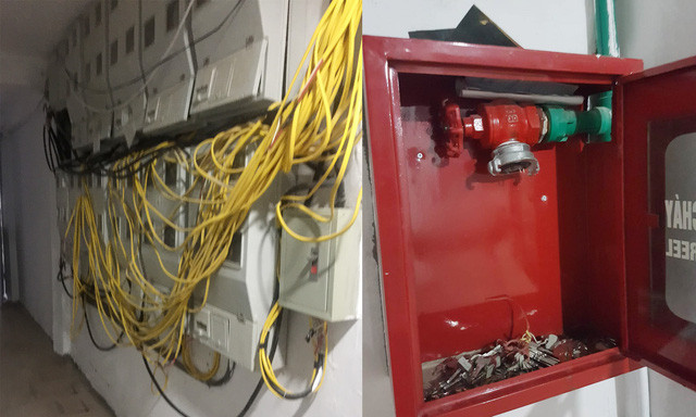 Hình ảnh hộp đấu nối điện và hộp kỹ thuật PCCC đang “ngổn ngang”. Ảnh: B.Loan. Hình ảnh hộp đấu nối điện và hộp kỹ thuật PCCC đang “ngổn ngang”. Ảnh: B.Loan.