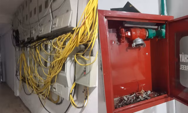 Hình ảnh hộp đấu nối điện và hộp kỹ thuật PCCC đang “ngổn ngang”. Ảnh: B.Loan.