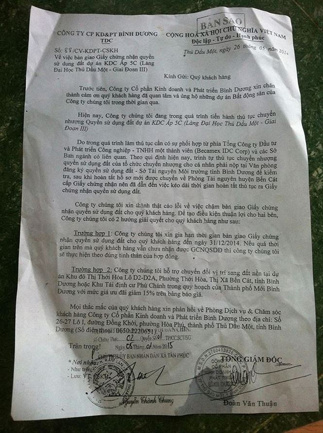 TDC gửi thư xin gia hạn cấp sổ đỏ.