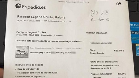 Số điện thoại của hãng tàu Paragon Cruise mà Expedia cung cấp cho gia đình du khách Tây Ban Nha là của một quán trà sữa ở Hà Nội. Ảnh: Thanh Niên. Số điện thoại của hãng tàu Paragon Cruise mà Expedia cung cấp cho gia đình du khách Tây Ban Nha là của một quán trà sữa ở Hà Nội. Ảnh: Thanh Niên.