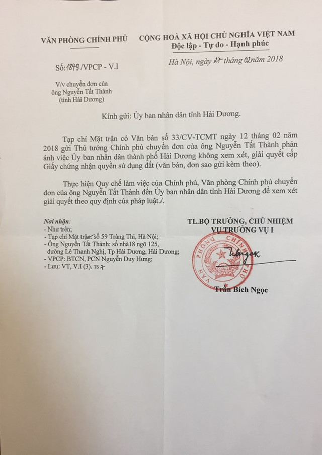 Văn bản của Văn phòng Chính phủ gửi UBND tỉnh Hải Dương. Văn bản của Văn phòng Chính phủ gửi UBND tỉnh Hải Dương.
