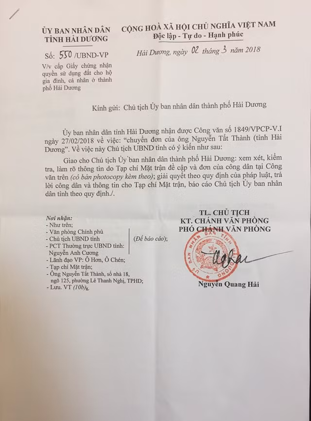 Sau khi tiếp nhận thông tin, UBND tỉnh Hải Dương “đá quả bóng” trách nhiệm cho UBND thành phố Hải Dương báo cáo, trả lời.