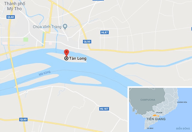 Đoạn sông qua phường Tân Long (TP Mỹ Tho, Tiền Giang), nơi tìm thấy thi thể nạn nhân. Ảnh: Google Maps.