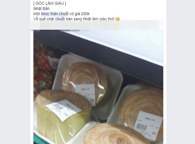 Mới đây, mạng xã hội xôn xao về hình ảnh khúc thân chuối được bày bán tại một số siêu thị ở Nhật Bản. Ảnh: chụp màn hình Facebook.