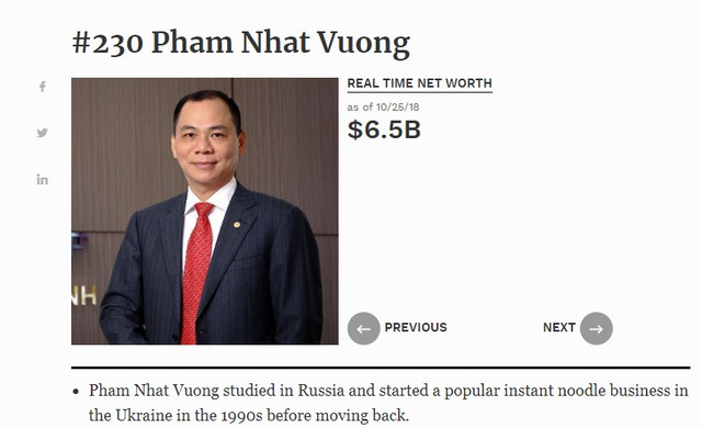 Ông Phạm Nhật Vượng tăng bậc trong BXH top giàu nhất hành tinh Ong Pham Nhat Vuong tang bac trong BXH top giau nhat hanh tinh