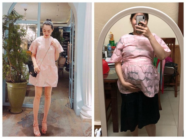 Cẩm Nhung (bên phải) và chiếc váy bầu vừa được tặng. Cẩm Nhung (bên phải) và chiếc váy bầu vừa được tặng.