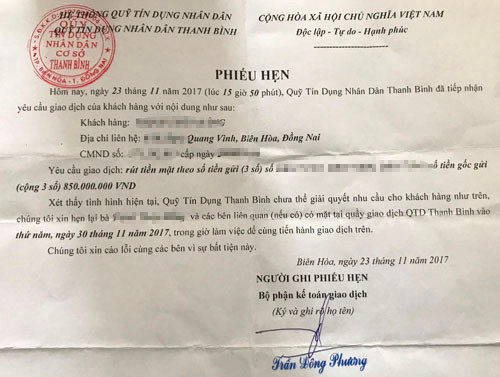 Một người dân nhận phiếu hẹn đến ngày 30//11 sẽ được giải quyết. Tuy nhiên đến nay (4/12), QTD Thanh Bình vẫn tiếp tục hẹn nhưng không có thời gian cụ thể.