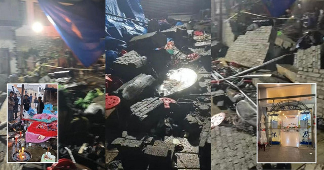 Tường cao 3 mét bất ngờ đổ sập trong đám tang ở Trung Quốc khiến 6 người tử vong. Ảnh: Mothership. tainan.png