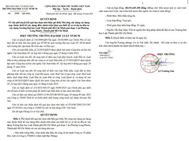 Quyết định số 1054/QĐ-ĐHL phê duyệt kết quả lựa chọn nhà thầu cho Gói thầu "Thi công xây dựng các hạng mục. Nguồn: MSC qd-5602.jpg