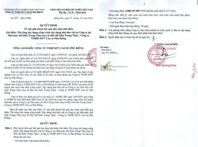 Quyết định số 1391/QĐ-CSPR phê duyệt kết quả lựa chọn nhà thầu cho gói thầu "Thi công xây dựng công trình: Xây dựng nhà kho vật tư Công ty tại Nhà máy chế biến Trung Tâm". Nguồn: MSC qd-9654.jpg