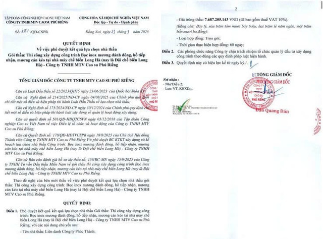 Quyết định số 1351/QĐ-CSPR phê duyệt kết quả lựa chọn nhà thầu cho gói thầu "Thi công xây dựng" thuộc dự án "Bọc inox mương đánh đông, hồ tiếp nhận, mương cán kéo tại nhà máy chế biến Long Hà". Nguồn: MSC qd.jpg