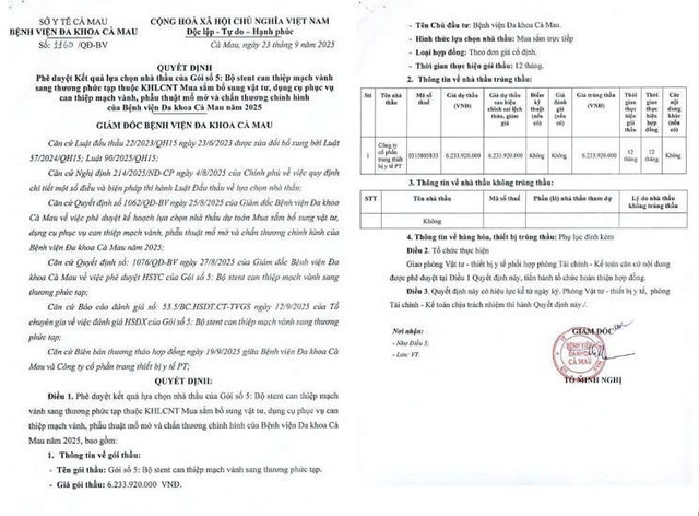 Quyết định số 1160/QĐ-BV phê duyệt kết quả lựa chọn nhà thầu cho Gói số 5: Bộ stent can thiệp mạch vành sang thương phức tạp. Nguồn: MSC Quyết định số 1160/QĐ-BV phê duyệt kết quả lựa chọn nhà thầu cho Gói số 5: Bộ stent can thiệp mạch vành sang thương phức tạp. Nguồn: MSC