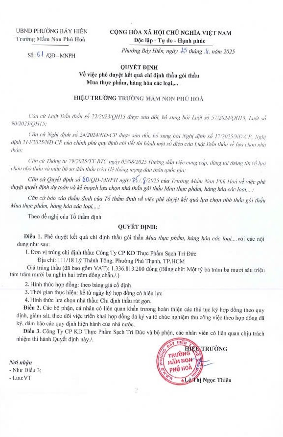 Quyết định số 61/QĐ-MNPH về việc phê duyệt kết quả chỉ định thầu gói thầu "Mua thực phẩm, hàng hóa các loại... qd.jpg