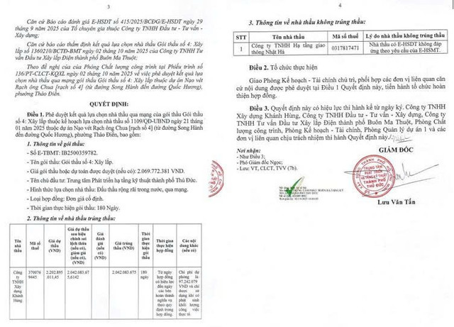 Quyết định số 13/QĐ-PTHT-136 phê duyệt kết quả lựa chọn nhà thầu cho "Gói thầu số 4: Xây lắp". Gói thầu này thuộc dự án Nạo vét Rạch ông Chua. Nguồn: MSC qd2-3933.jpg