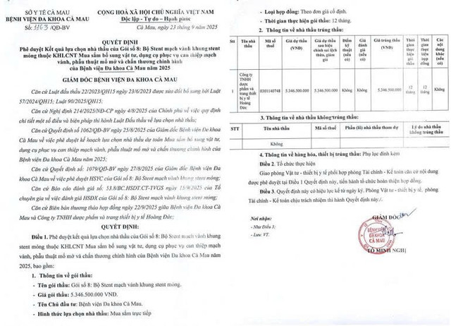 Quyết định số 1163/QĐ-BV phê duyệt kết quả lựa chọn nhà thầu cho "Gói số 8: Bộ Stent mạch vành khung stent mỏng". Nguồn: MSC qd-2735.jpg