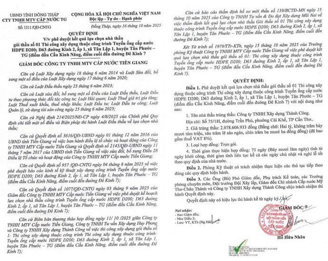 Quyết định số 1311 /QĐ-CNTG phê duyệt kết quả lựa chọn nhà thầu Gói thầu số 01: Thi công xây dựng thuộc dự án Tuyến ống cấp nước HDPE D200; D63 đường Kinh 2, ấp 1, xã Tân Lập 1, huyện Tân Phước – Tiền Giang. Nguồn: MSC qd-3438.jpg