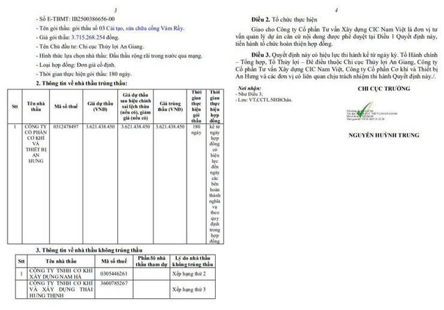 Quyết định số 167/QĐ-CCTL phê duyệt kết quả lựa chọn nhà thầu cho Gói thầu số 03: Cải tạo, sửa chữa cống Vàm Rầy. Nguồn: MSC qd2.jpg