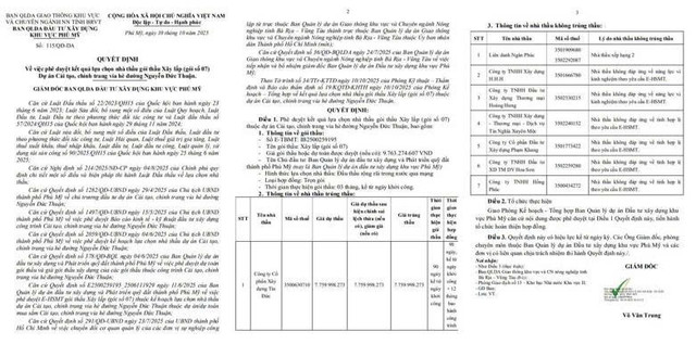 Quyết định số 115/QĐ-DA phê duyệt kết quả lựa chọn nhà thầu Gói thầu Xây lắp (gói số 07) thuộc Dự án Cải tạo, chỉnh trang vỉa hè đường Nguyễn Đức Thuận. Nguồn: MSC qd-3203.jpg