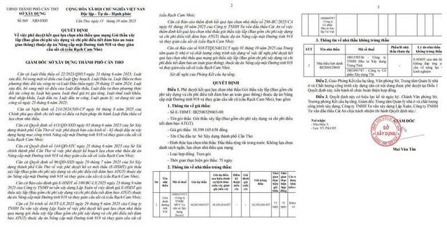 Quyết định số 369/QĐ-SXD phê duyệt kết quả lựa chọn nhà thầu Gói thầu xây lắp (Bao gồm chi phí xây dựng và chi phí điều tiết đảm bảo ATGT) thuộc dự án Nâng cấp mặt Đường tỉnh 918 và thay giàn cầu sắt cũ (cầu Rạch Cam Nhỏ). Nguồn: MSC qd-8221.jpg