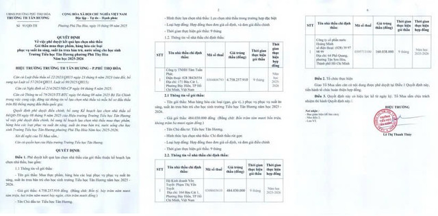 Một phần của Quyết định số 91/QĐ-TH phê duyệt kết quả lựa chọn nhà thầu cho gói thầu mua sắm thực phẩm và hàng hóa phục vụ suất ăn bán trú năm học 2025-2026. Nguồn: MSC qd-trung-thau.jpg