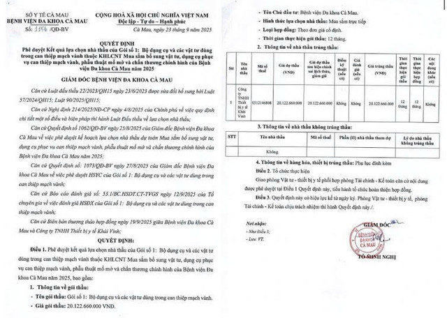 Quyết định số 1156/QĐ-BV phê duyệt kết quả lựa chọn nhà thầu cho Gói thầu số 1: "Bộ dụng cụ và các vật tư dùng trong can thiệp mạch vành". Nguồn: MSC qd.jpg