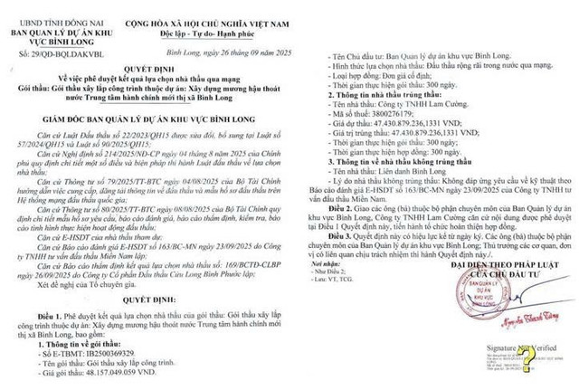 Quyết định số 29/QĐ-BQLDAKVBL, phê duyệt cho Công ty TNHH Lam Cường trúng "Gói thầu xây lắp công trình" thuộc dự án Xây dựng mương hậu thoát nước Trung tâm hành chính mới thị xã Bình Long cũ. Nguồn: MSC qd-5070.jpg