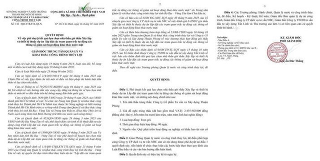 Quyết định số 142/QĐ-TTKTTL-QLN phê duyệt kết quả lựa chọn nhà thầu gói thầu "Xây lắp và thiết bị. Nguồn: MSC qd-5332.jpg