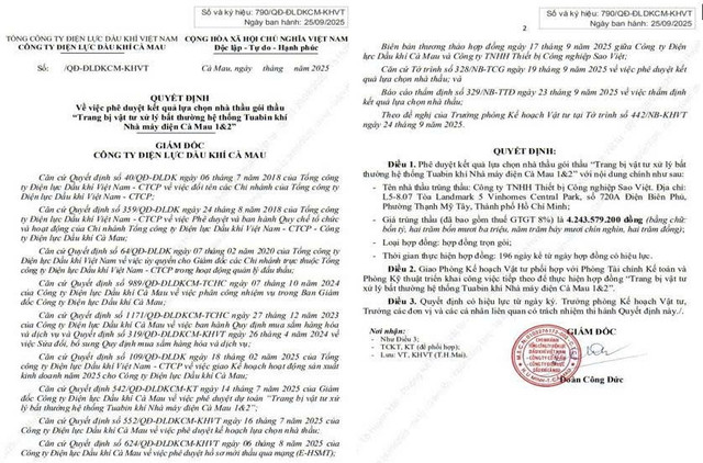 Quyết định số 790/QĐ-ĐLDKCM-KHVT phê duyệt kết quả lựa chọn nhà thầu cho Gói thầu "Trang bị vật tư xử lý bất thường hệ thống Tuabin khí Nhà máy điện Cà Mau 1&2". Nguồn: MSC qd.jpg