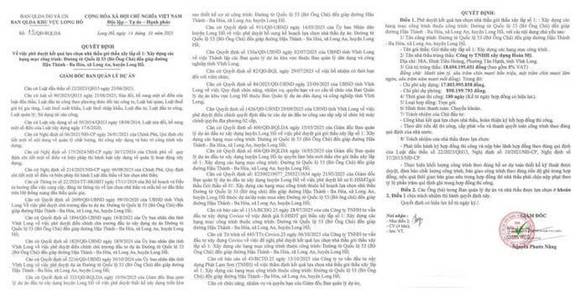 Quyết định số 15/QĐ-BQLDA phê duyệt kết quả lựa chọn nhà thầu cho Gói thầu số 01: Xây dựng các hạng mục công trình, thuộc dự án Đường từ Quốc lộ 53 (Bờ ông chủ) đến giáp đường Hậu Thành - Ba Hóa, xã Long An, huyện Long Hồ. Nguồn: MSC qd-736.jpg