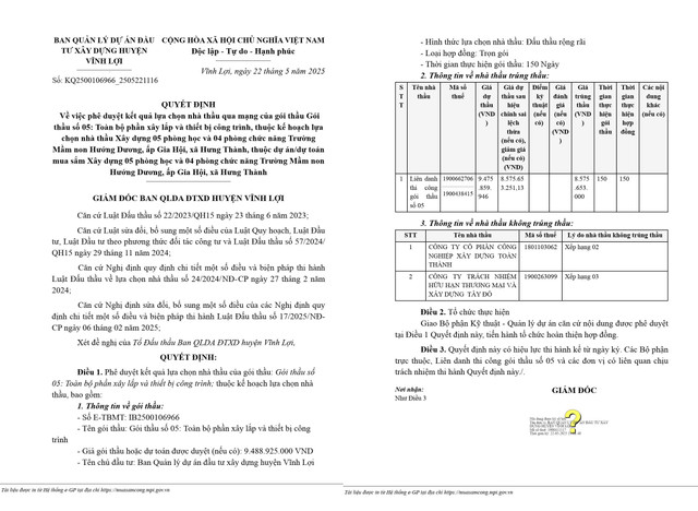 Quyết định số KQ2500106966_2505221116 phê duyệt cho Liên danh thi công gói thầu số 05 (Công ty TNHH MTV Đầu tư Xây dựng Trường Sơn Bạc Liêu - Công ty TNHH MTV Lê Uyên) (Nguồn MSC) qd-116-full.jpg