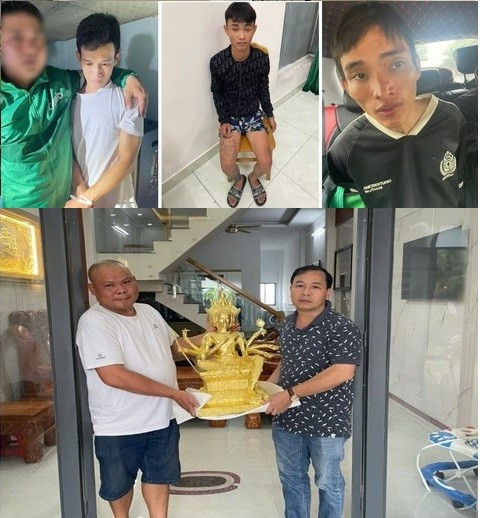 Các đối tượng bị công an bắt giữ qua điều tra truy xét và Đại diện Công an phường Tam Phước bàn giao bức tượng cho ông Năng (Ảnh: CACC) 11-3142.jpg